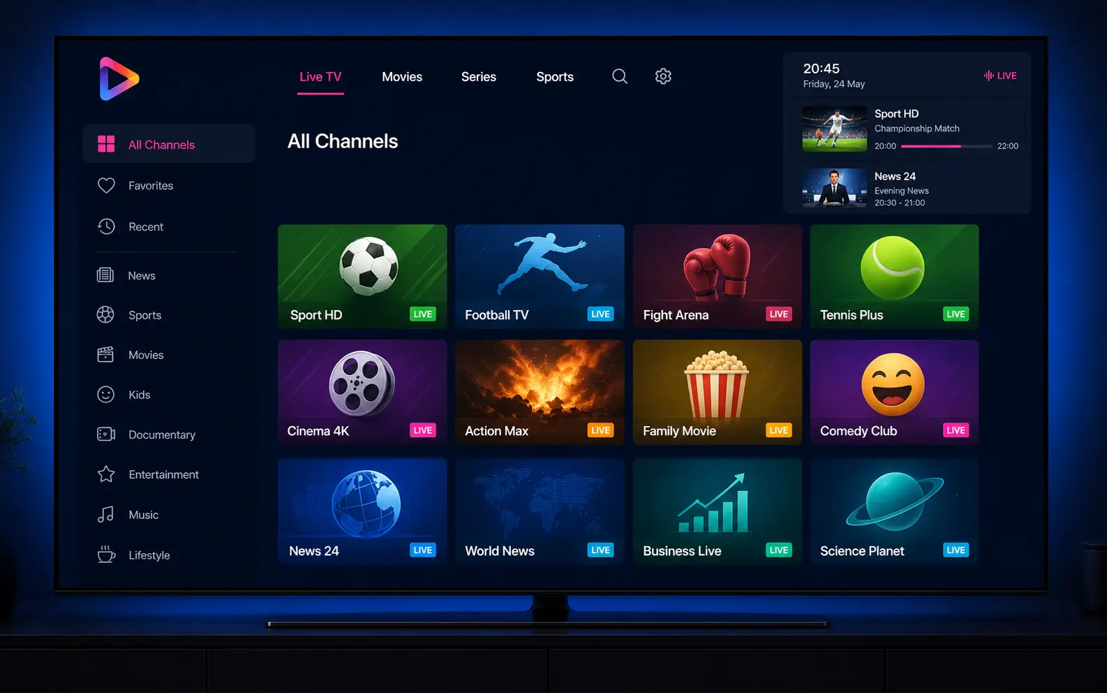 Interface Iron TV Pro avec catalogue de chaînes